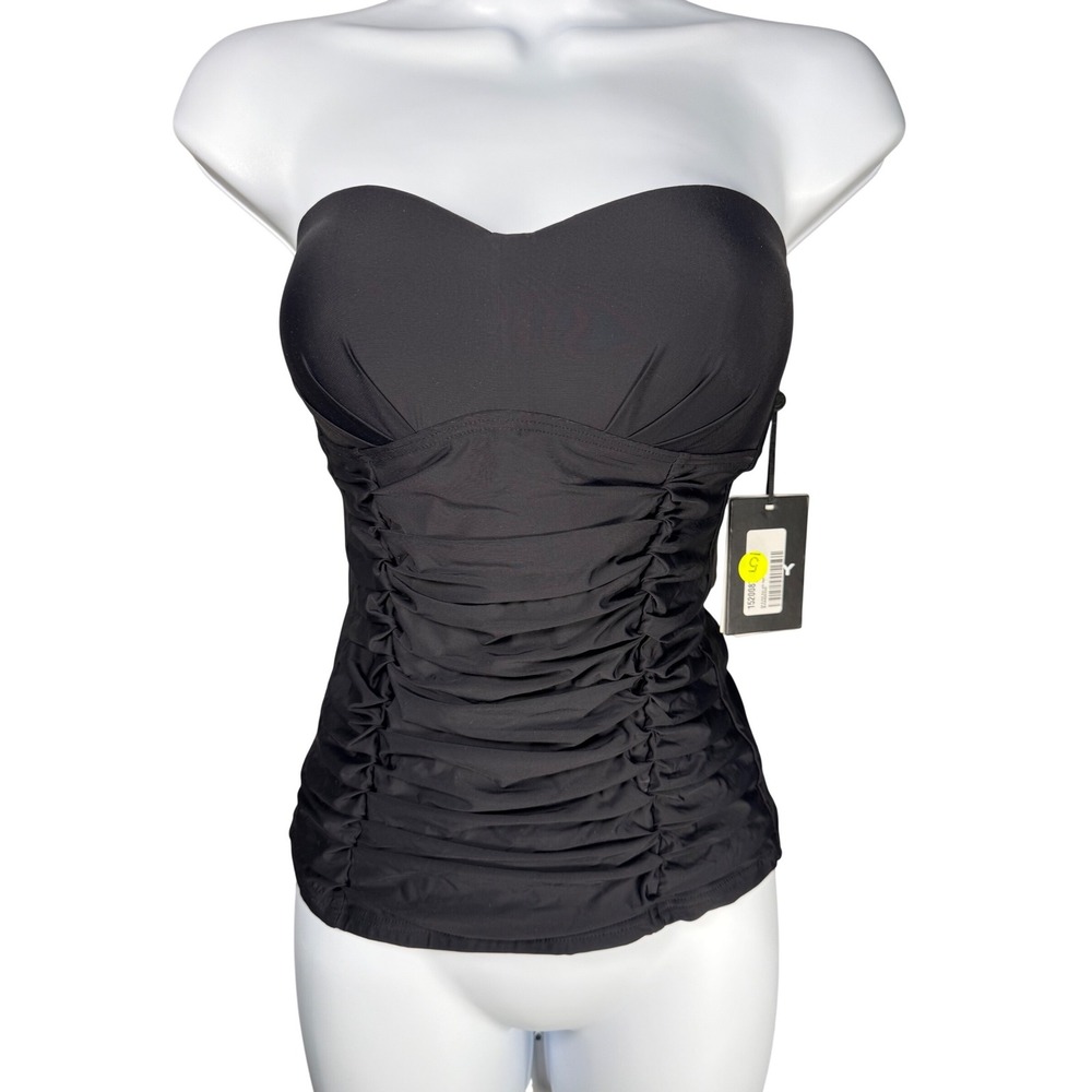 DKNY Black Ruched Strapless Tankini Top NWT XS Swim Bandeau Minimalist